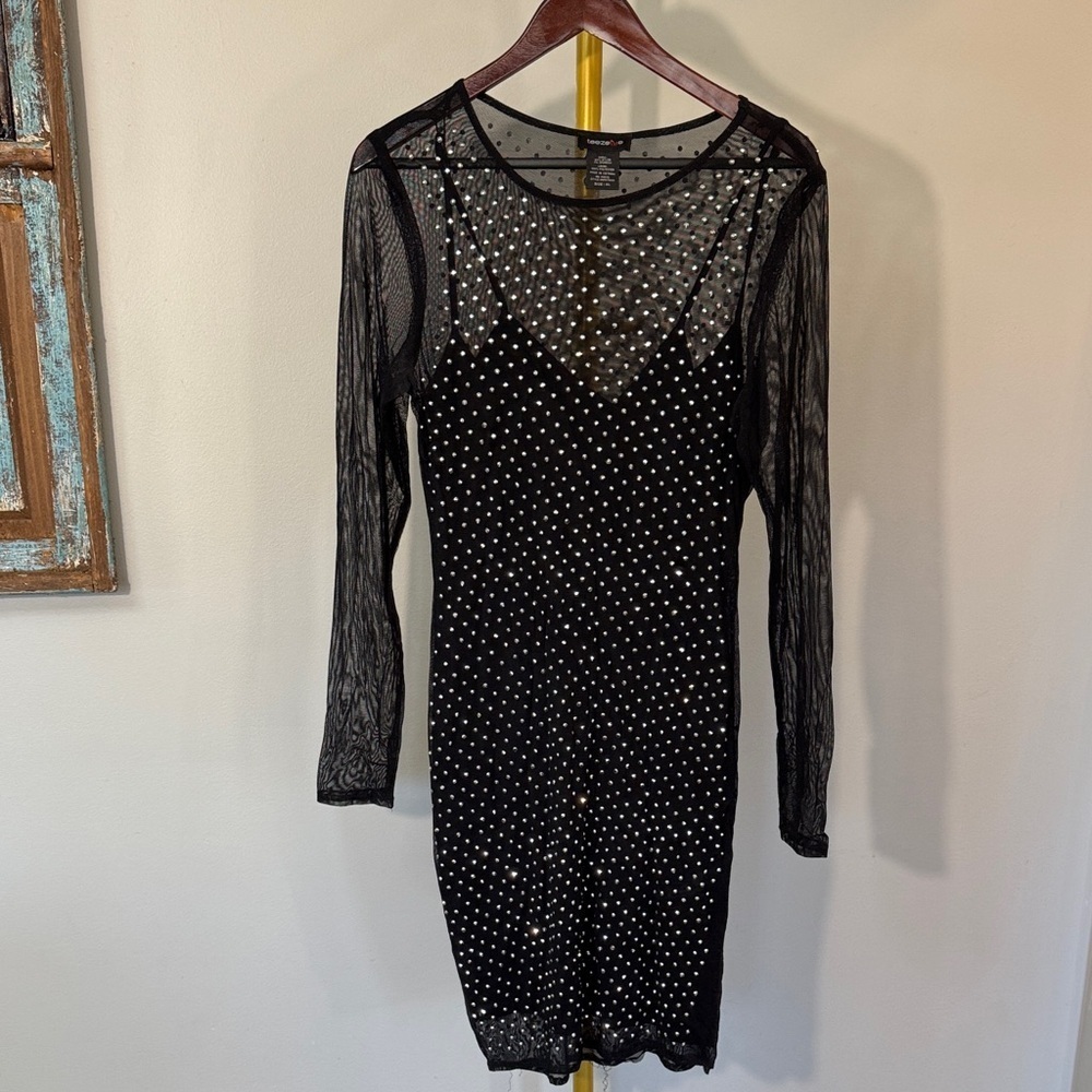 Teeze Me Black sheer Long Sleeve Dress with Silver sparkly bling EUC XL